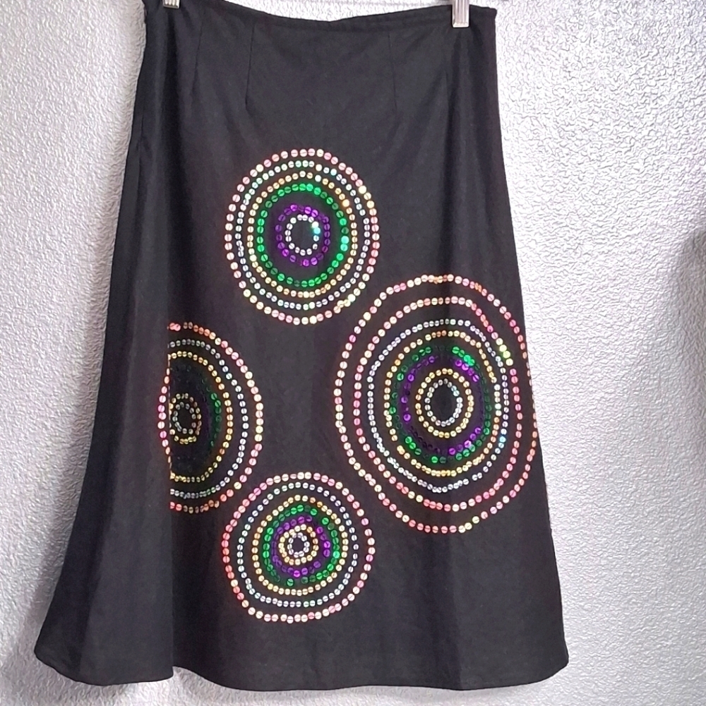Edward Black Linen A Line Skirt With Colorful Accents    Size 10
